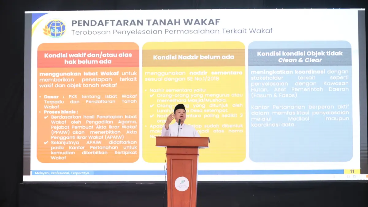 Menteri Agraria dan Tata Ruang/Kepala Badan Pertanahan Nasional (ATR/BPN), Nusron Wahid, mengajak masyarakat untuk segera menyertipikatkan tanah wakaf guna mengamankan aset umat dari berbagai potensi sengketa di masa mendatang. Pesan tersebut ia sampaikan dalam pidatonya di acara International Conference on Pesantren (ICOP) 2026 dan Penyerahan Sertipikat Wakaf, yang diselenggarakan di Universitas Darunnajah, Jakarta pada Sabtu (06/06/2026).
