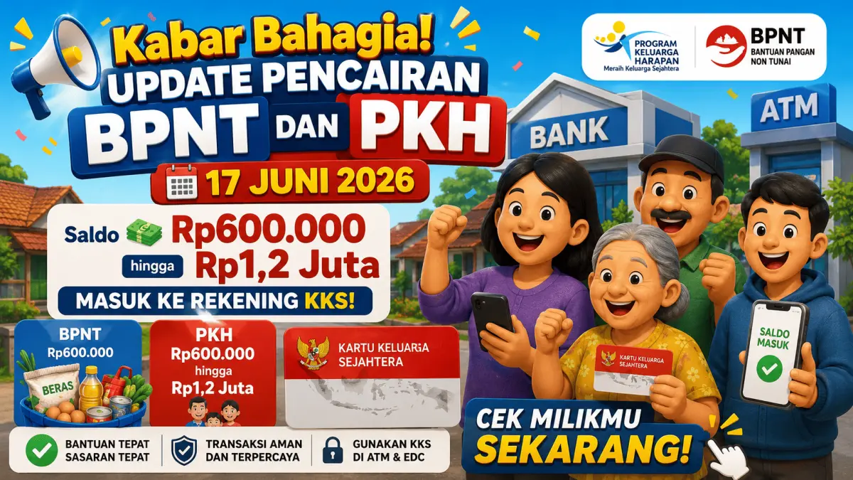 Update pencairan BPNT dan PKH 17 Juni 2026 cair Rp600 ribu hingga Rp1,2 juta. KKS baru segera cek saldo sebelum 30 Juni 2026, jangan sampai telat!