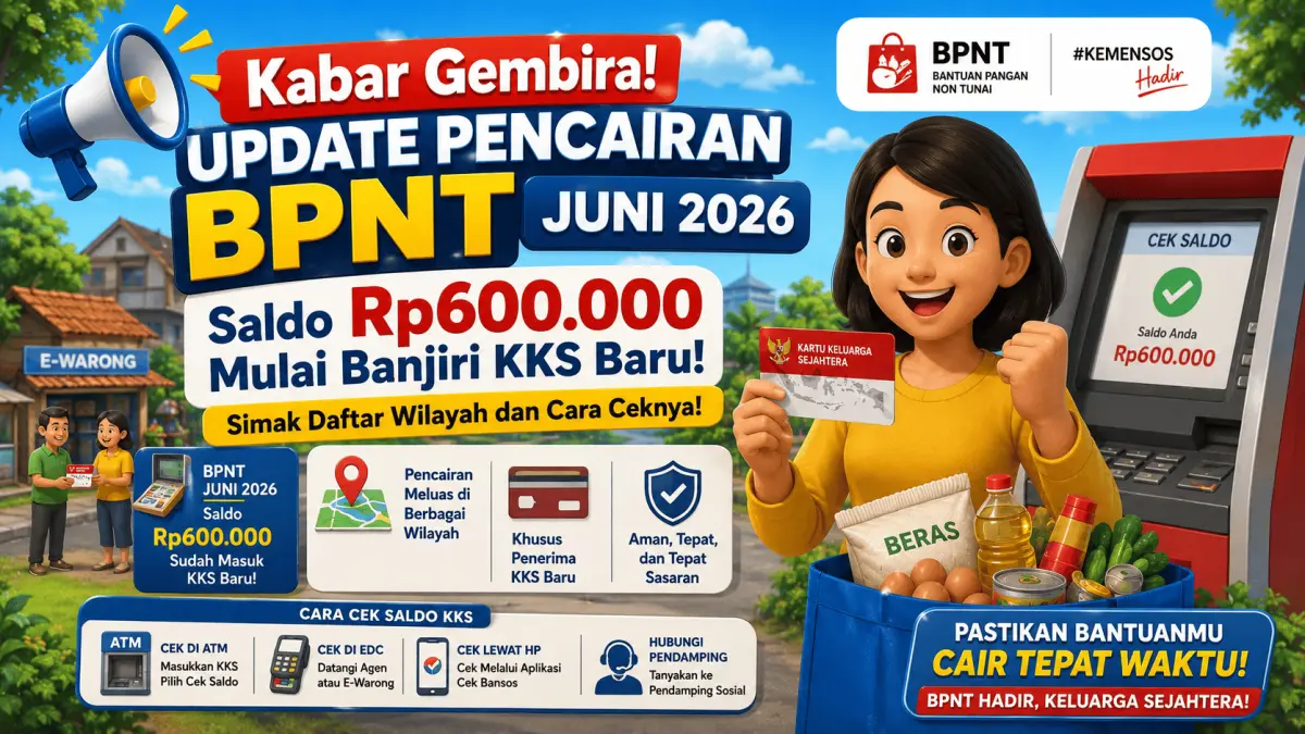 Update pencairan BPNT Juni 2026: Saldo Rp600.000 cair di KKS BRI baru. Cek saldo dan daftar wilayah yang sudah menerima bantuan sosial hari ini!