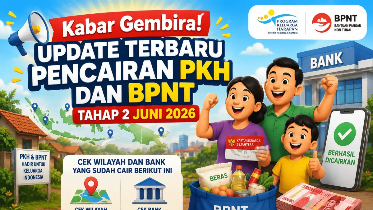 Update terbaru pencairan PKH dan BPNT tahap 2 Juni 2026 cair di berbagai daerah. Cek wilayah dan bank penyalurnya agar bantuan segera diterima.