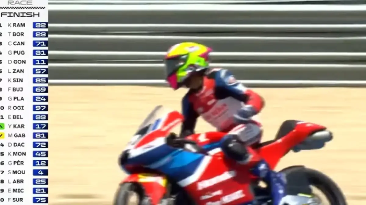 Moto3 Junior Portugal 2026 menghadirkan sejarah saat Kiandra Ramadhipa meraih kemenangan perdana di Estoril. (SC YOUTUBE)