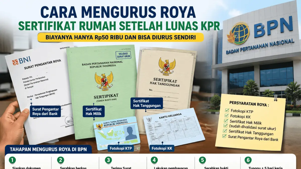 Ilustrasi proses roya sertifikat rumah setelah lunas KPR di BPN dengan biaya sekitar Rp50 ribu. (Ilustrasi: AI)