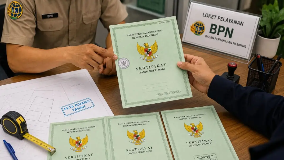 ILUSTRASI SERTIFIKAT TANAH : Pemilik tanah dapat mengajukan pemecahan sertifikat di BPN dengan melengkapi dokumen dan mengikuti proses pengukuran bidang tanah.