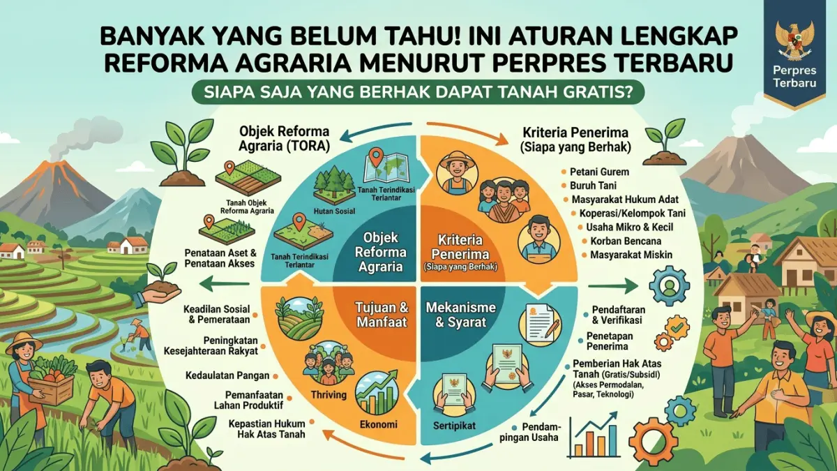 Skema pelaksanaan program Reforma Agraria yang mencakup penataan aset tanah gratis hingga pendampingan ekonomi bagi masyarakat.