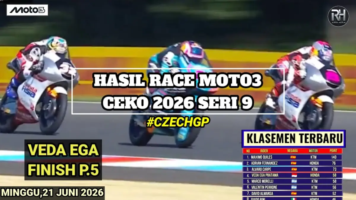 Hasil Moto3 Ceko 2026: Veda Ega Pratama finis kelima usai start posisi 20 dan kini bertahan di enam besar klasemen. (Youtube. com)