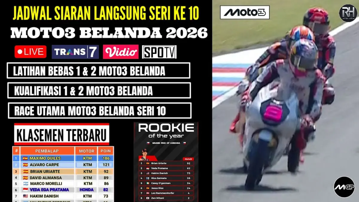 Jadwal Moto3 Belanda 2026 lengkap. Veda Ega Pratama kejar Brian Uriarte di klasemen rookie dan bidik hasil besar di Assen. (Youtube. com)
