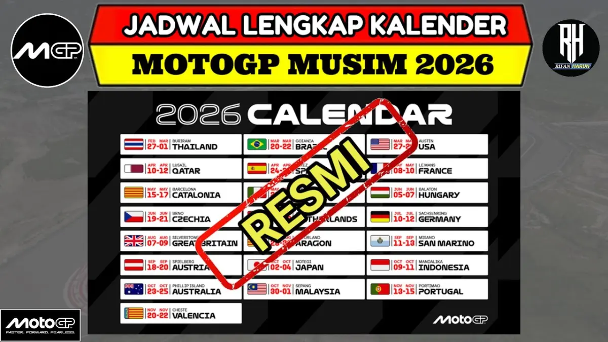 Kalender MotoGP 2026 lengkap dengan 22 seri balapan dan daftar rider terbaru. MotoGP Indonesia digelar pada 9-11 Oktober 2026. (Youtube. com)