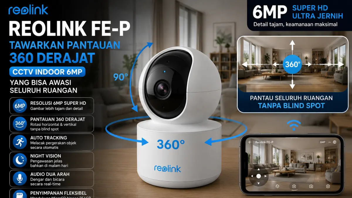 Reolink FE-P menjadi salah satu CCTV indoor unggulan 2026 dengan kemampuan pantauan 360 derajat dan resolusi 6MP Super HD.