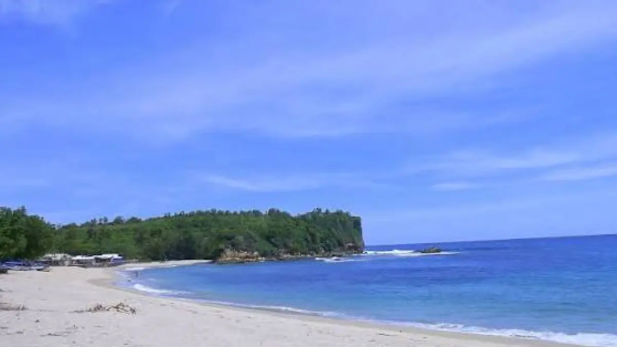 Panorama Pantai Tambakrejo di Kabupaten Blitar menyuguhkan hamparan pasir putih, laut biru, dan tebing hijau yang menjadi daya tarik wisata pesisir selatan.