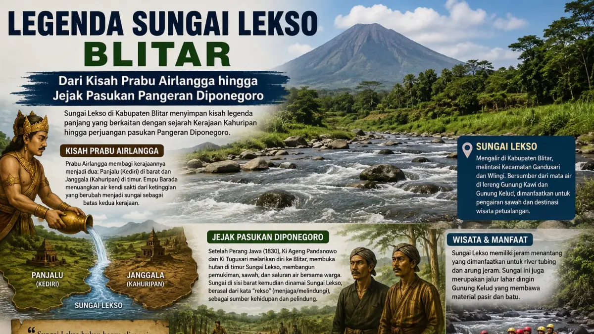 PENUH LEGENDA: Sungai Lekso di Kabupaten Blitar diyakini menyimpan kisah sejarah sejak masa Prabu Airlangga, menjadi batas kerajaan, hingga dikaitkan dengan jejak pelarian pasukan Pangeran Diponegoro.
