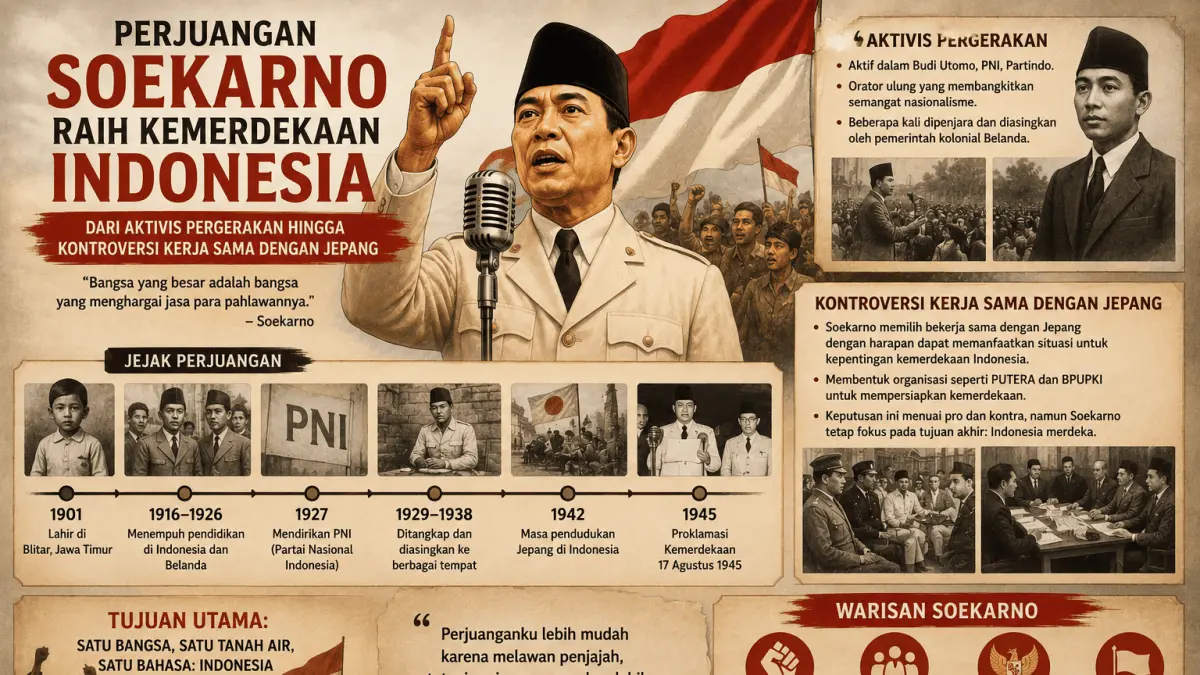 Perjuangan Soekarno menuju kemerdekaan ditempuh melalui semangat perjuangan, diplomasi, dan strategi politik demi Indonesia yang merdeka.
