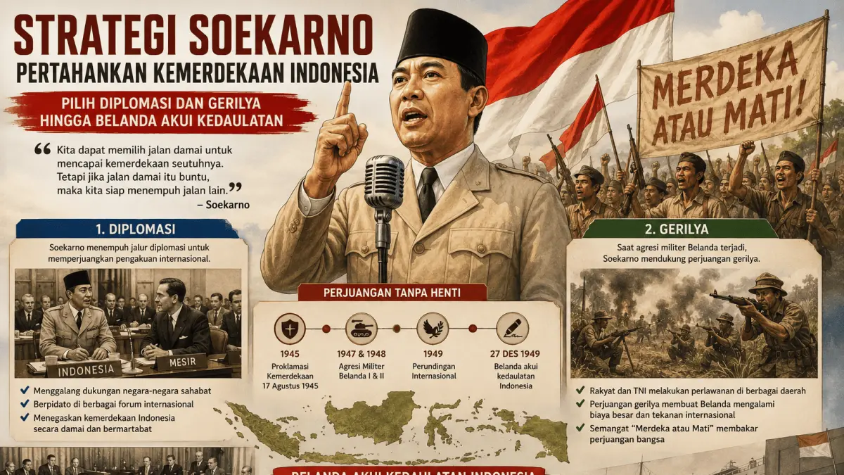 Soekarno memadukan diplomasi dan perjuangan rakyat untuk mempertahankan kemerdekaan hingga kedaulatan Indonesia diakui dunia.
