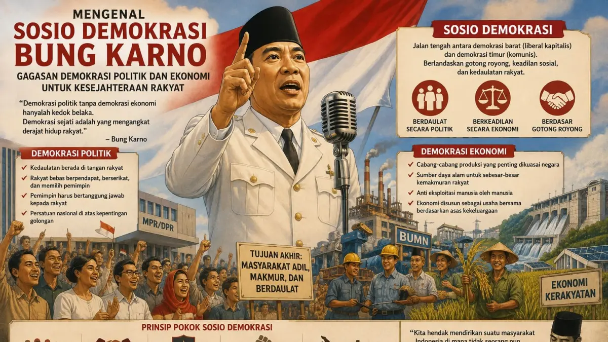 Sosio Demokrasi Bung Karno: Demokrasi politik dan ekonomi harus berjalan seiring demi terwujudnya keadilan dan kesejahteraan rakyat.
