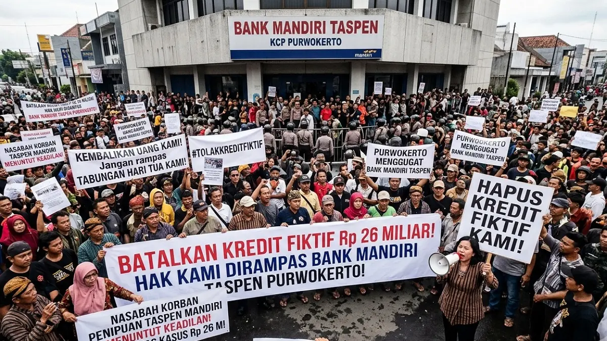 Ratusan nasabah tuntut pembatalan kredit fiktif Bank Mandiri Taspen Purwokerto usai dugaan kerugian mencapai Rp26 miliar.