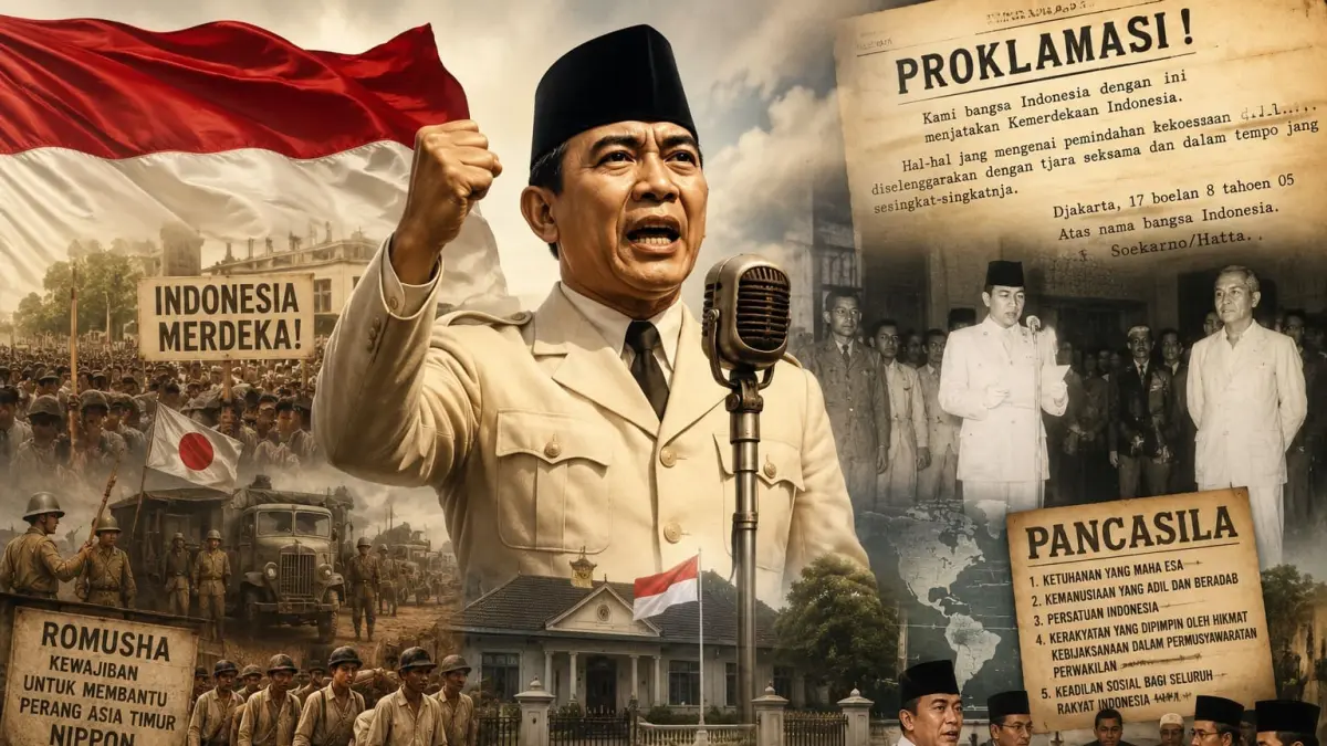 Ilustrasi perjalanan perjuangan Soekarno menuju kemerdekaan Indonesia, mulai dari masa pergerakan nasional, pendudukan Jepang, hingga pembacaan Proklamasi pada 17 Agustus 1945. (Ilustrasi: AI)