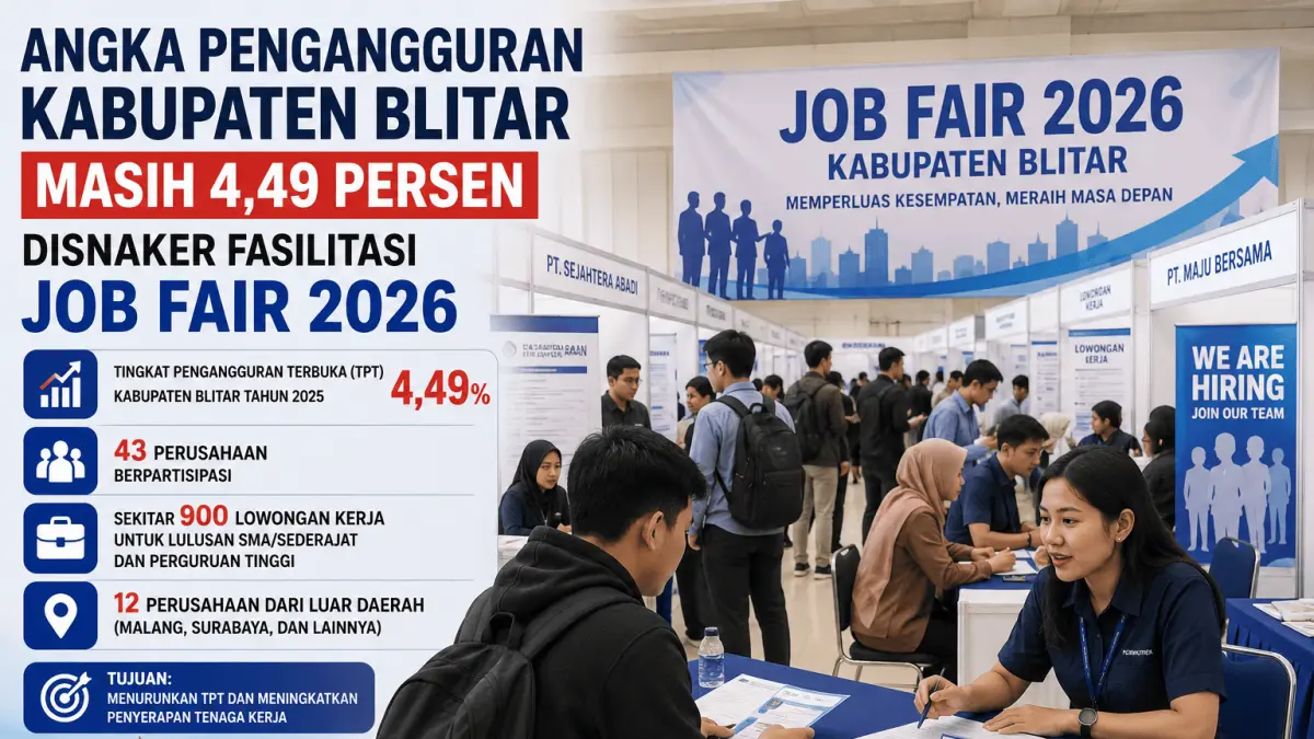 Job Fair 2026 Kabupaten Blitar menghadirkan 43 perusahaan dengan sekitar 900 lowongan kerja sebagai upaya menekan angka pengangguran yang masih mencapai 4,49 persen.