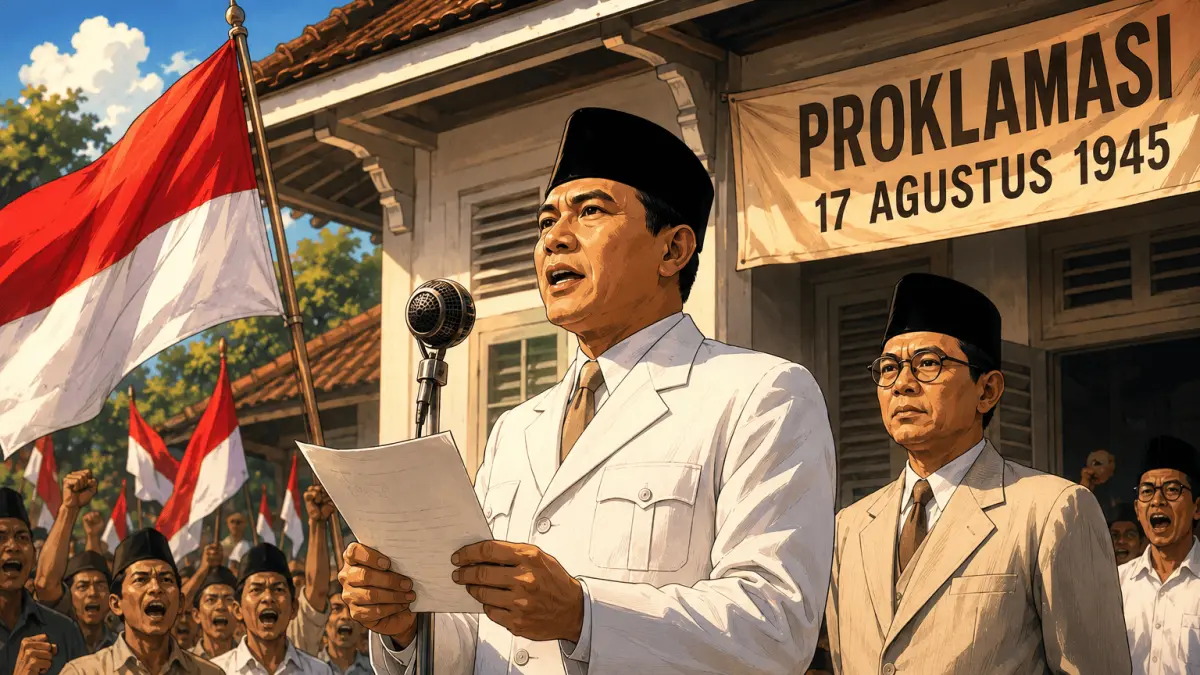 Soekarno membacakan teks Proklamasi Kemerdekaan Indonesia pada 17 Agustus 1945, puncak perjuangan panjang yang mengantarkan bangsa Indonesia menuju kemerdekaan.
