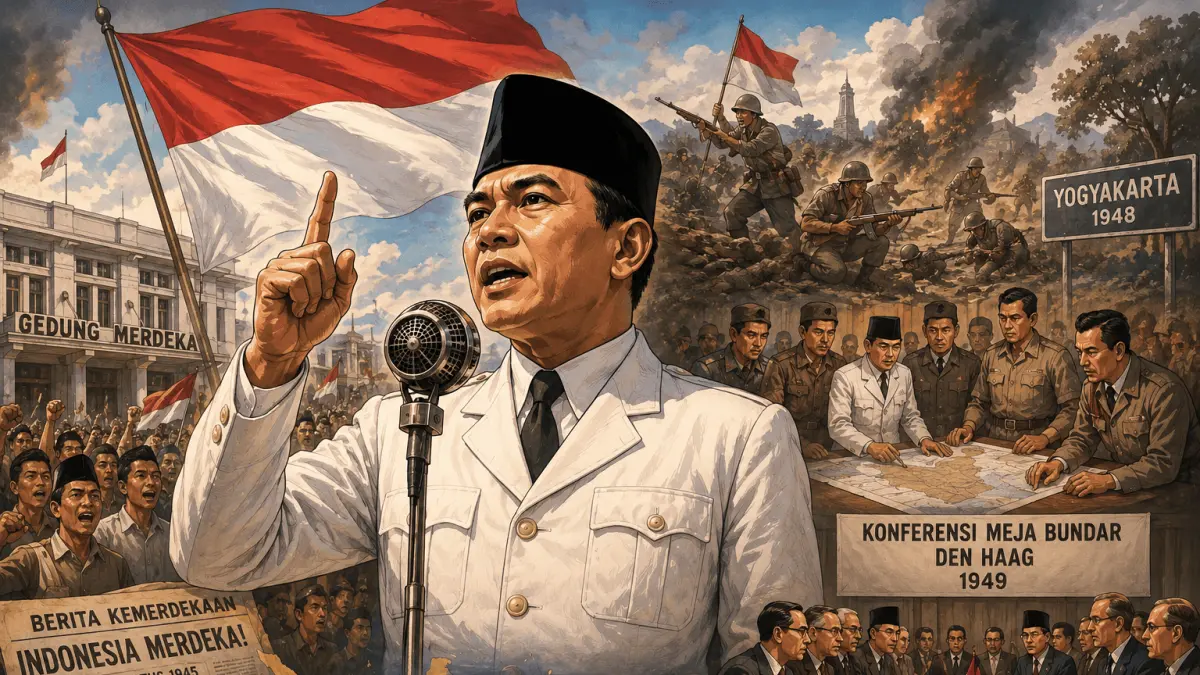 Strategi Soekarno mempertahankan kemerdekaan Indonesia melalui diplomasi, perang gerilya, hingga menghadapi Agresi Belanda dan pemberontakan.