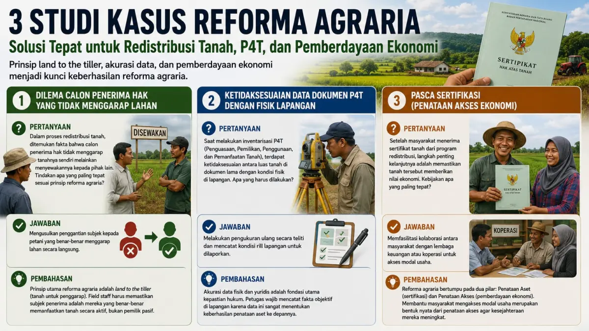 Reforma Agraria menjadi upaya mewujudkan pengelolaan tanah yang adil melalui redistribusi lahan, validasi data pertanahan, serta pemberdayaan ekonomi masyarakat. Ketiga aspek tersebut menjadi fondasi dalam meningkatkan kesejahteraan dan kepastian hukum di bidang pertanahan.