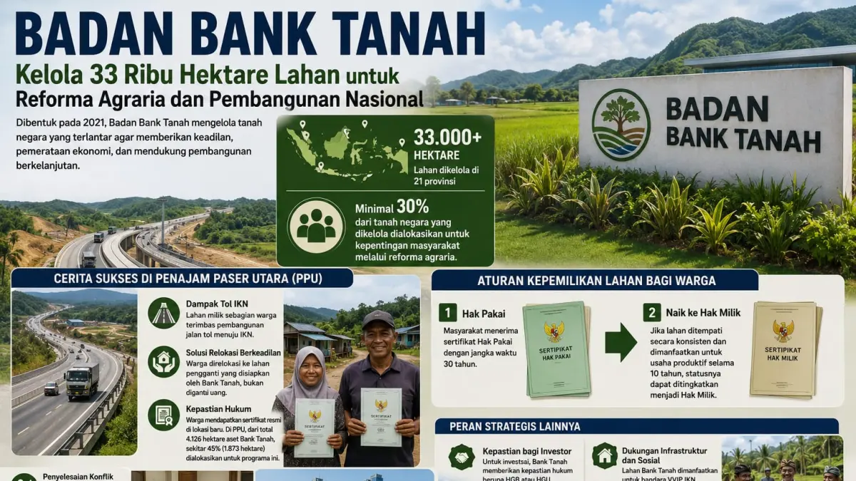 Badan Bank Tanah menjadi salah satu lembaga yang berperan dalam pelaksanaan reforma agraria di Indonesia. Melalui pengelolaan tanah negara, lembaga ini mendukung pemerataan akses lahan, memberikan kepastian hukum bagi masyarakat, serta menunjang pembangunan nasional yang berkelanjutan.