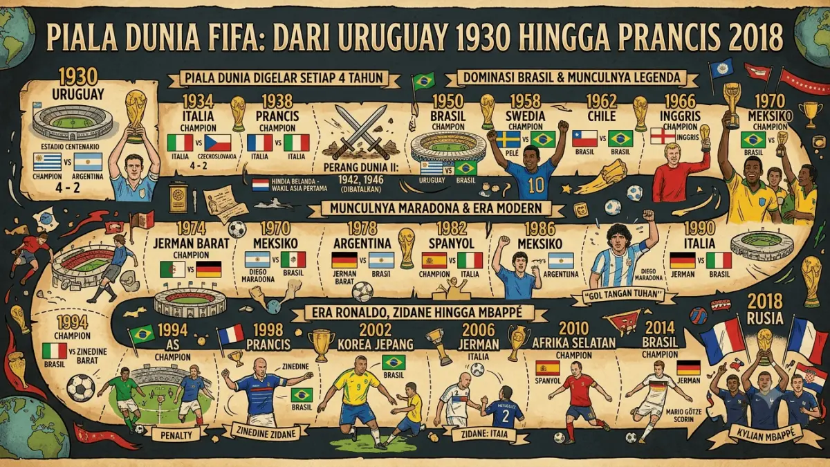 Dari 1930 di Uruguay hingga 2018 di Rusia, Piala Dunia selalu menghadirkan juara baru dan momen tak terlupakan. Dari Pelé, Maradona, Ronaldo, hingga Mbappé, sejarah sepak bola terus terukir.