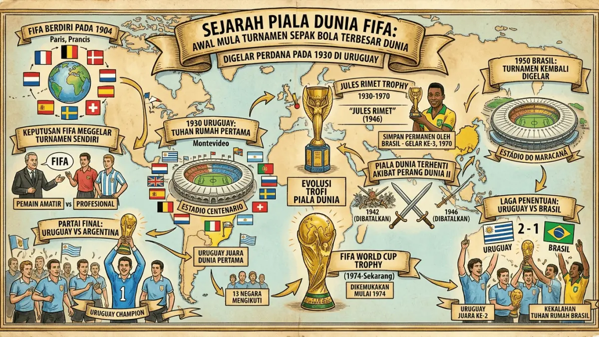 Infografis perjalanan sejarah Piala Dunia FIFA, mulai dari berdirinya FIFA pada 1904, penyelenggaraan turnamen perdana di Uruguay tahun 1930, hingga perkembangan trofi Piala Dunia yang digunakan saat ini.