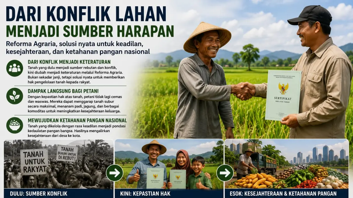 Reforma Agraria mengubah konflik lahan menjadi peluang pembangunan melalui kepastian hak atas tanah, pengelolaan lahan yang produktif, serta penguatan ketahanan pangan nasional demi kesejahteraan masyarakat.