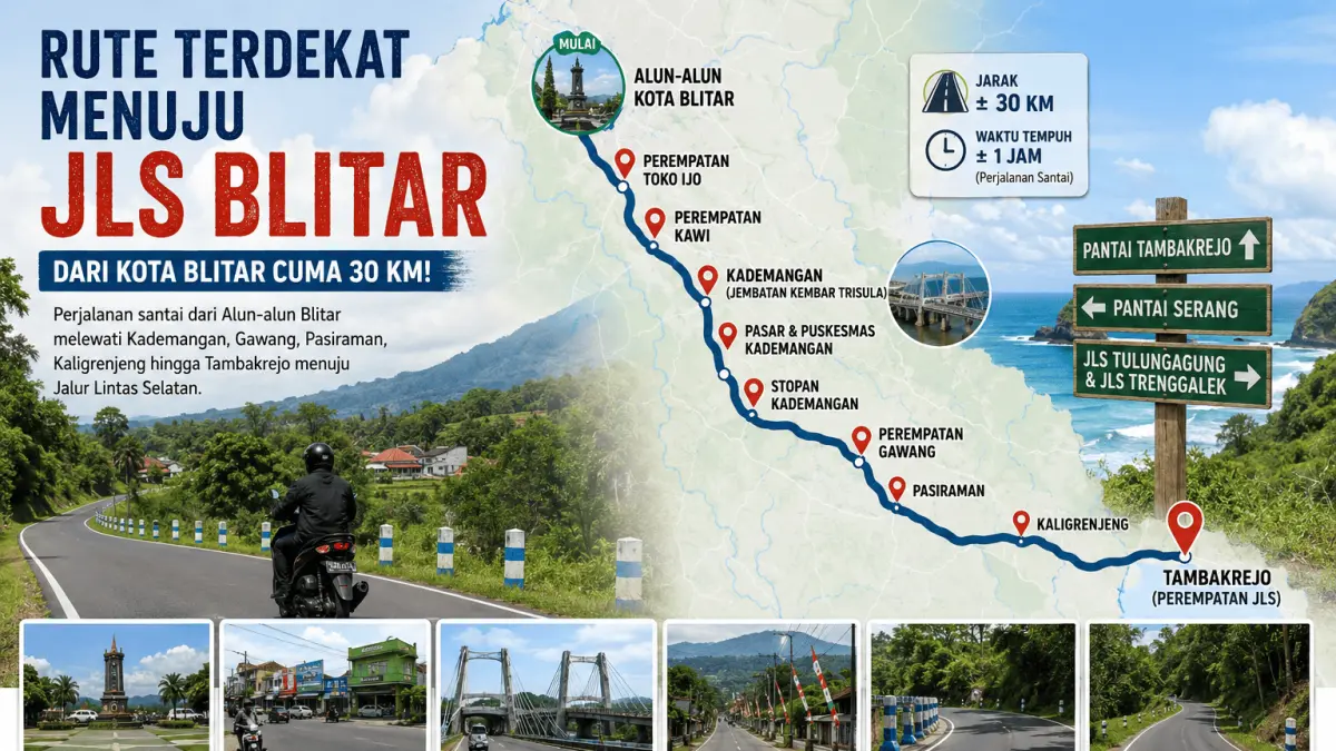 Rute terdekat menuju JLS Blitar dari Alun-alun Kota Blitar hanya sekitar 30 km dengan panorama pedesaan, perbukitan hijau, dan jalur touring yang memanjakan mata.
