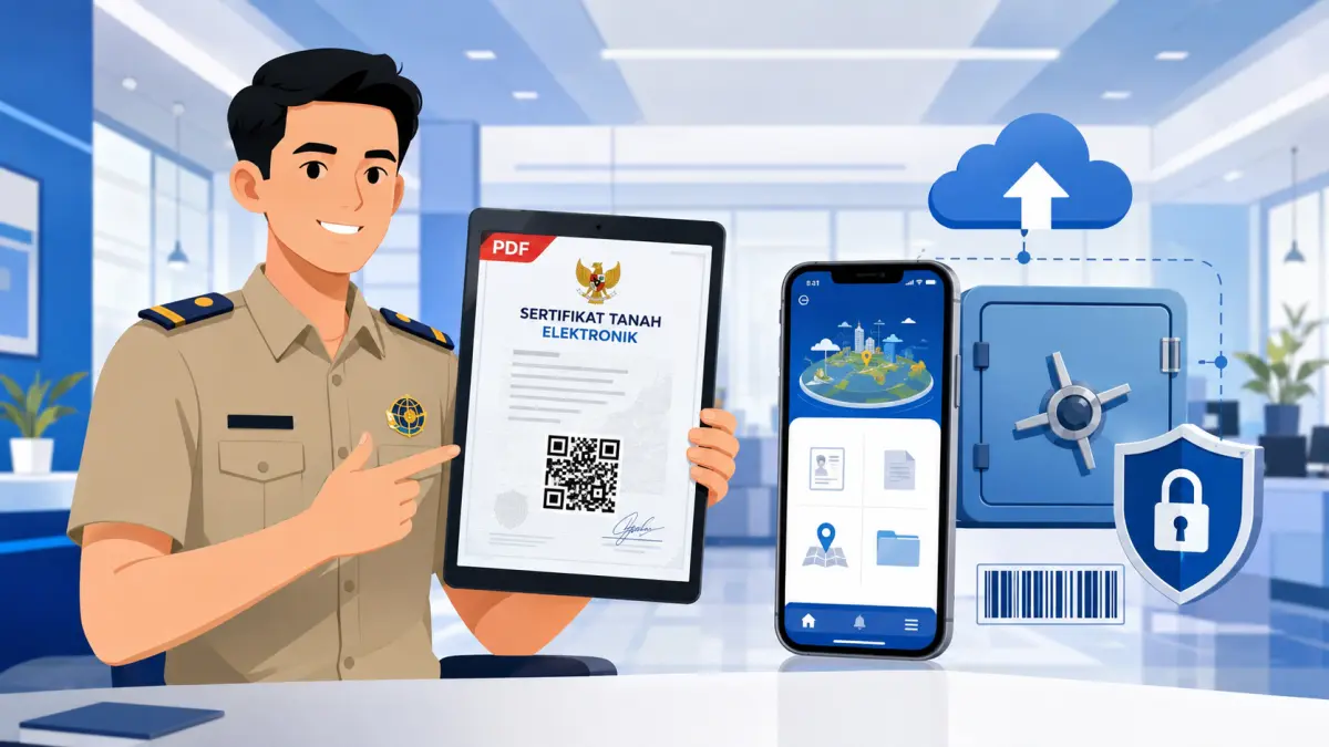 Sertifikat tanah elektronik yang dapat diakses melalui aplikasi Sentuh Tanahku dan disimpan dalam brankas elektronik.

