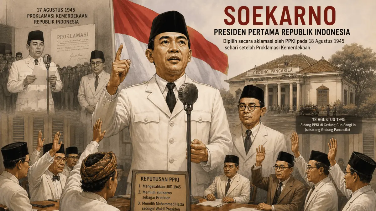 Terpilih Secara Aklamasi Sehari Setelah Proklamasi, Soekarno Dipercaya Menjadi Presiden Pertama Republik Indonesia Berkat Perannya Sebagai Pemersatu Bangsa dan Proklamator Kemerdekaan.