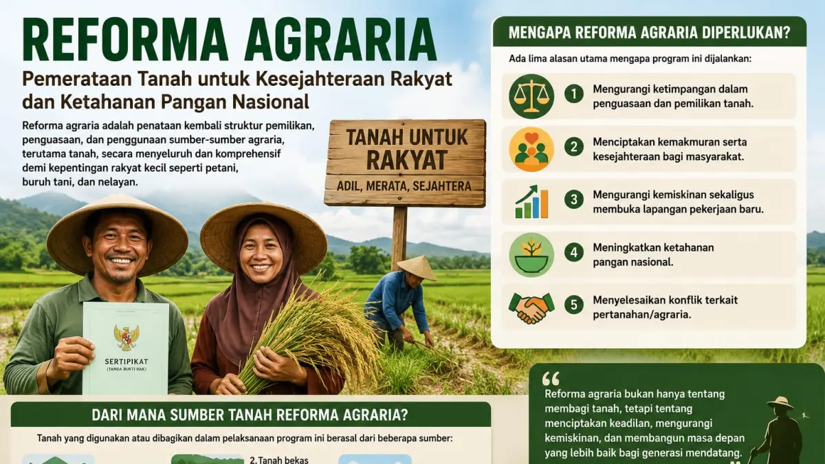 Reforma Agraria merupakan upaya menata kembali kepemilikan, penguasaan, dan pemanfaatan tanah agar lebih adil. Program ini diharapkan mampu meningkatkan kesejahteraan masyarakat, mengurangi kemiskinan, memperkuat ketahanan pangan, serta menyelesaikan berbagai konflik pertanahan