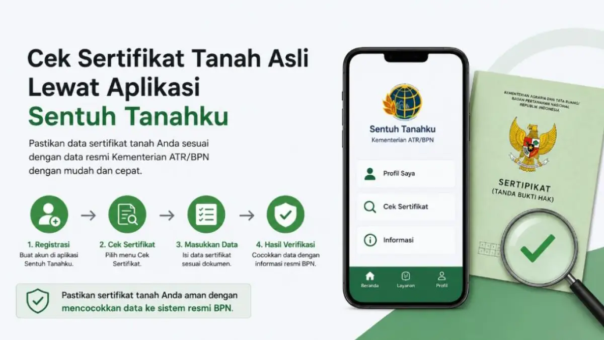 Ilustrasi cara mengecek keaslian sertifikat tanah melalui aplikasi Sentuh Tanahku. Layanan digital resmi ATR/BPN ini memungkinkan masyarakat melakukan registrasi akun, memeriksa data sertifikat, serta mencocokkan informasi pada sertifikat fisik dengan data yang tersimpan di sistem pertanahan nasional sebagai langkah meningkatkan keamanan dan kepastian hukum atas kepemilikan tanah.