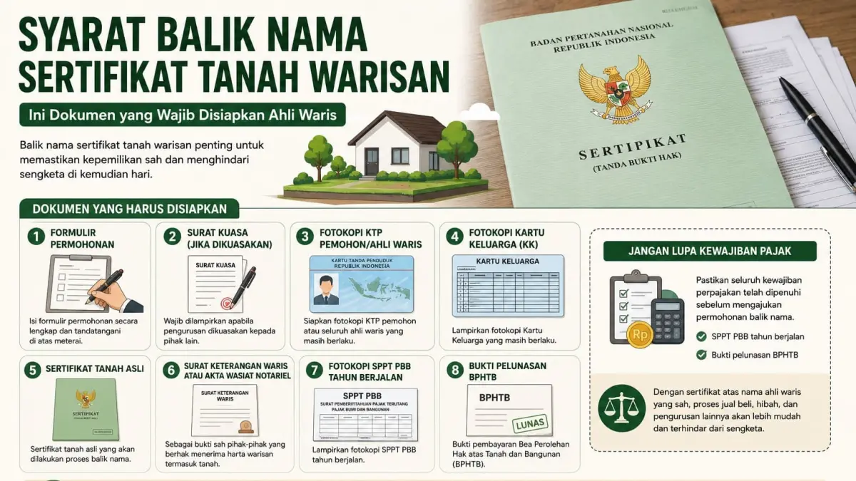 Pastikan hak atas tanah warisan Anda memiliki kepastian hukum. Lengkapi seluruh persyaratan balik nama sertifikat, mulai dari surat keterangan waris, sertifikat asli, KTP, KK, hingga bukti pelunasan BPHTB. Berkas lengkap, proses pun lebih mudah dan cepat.