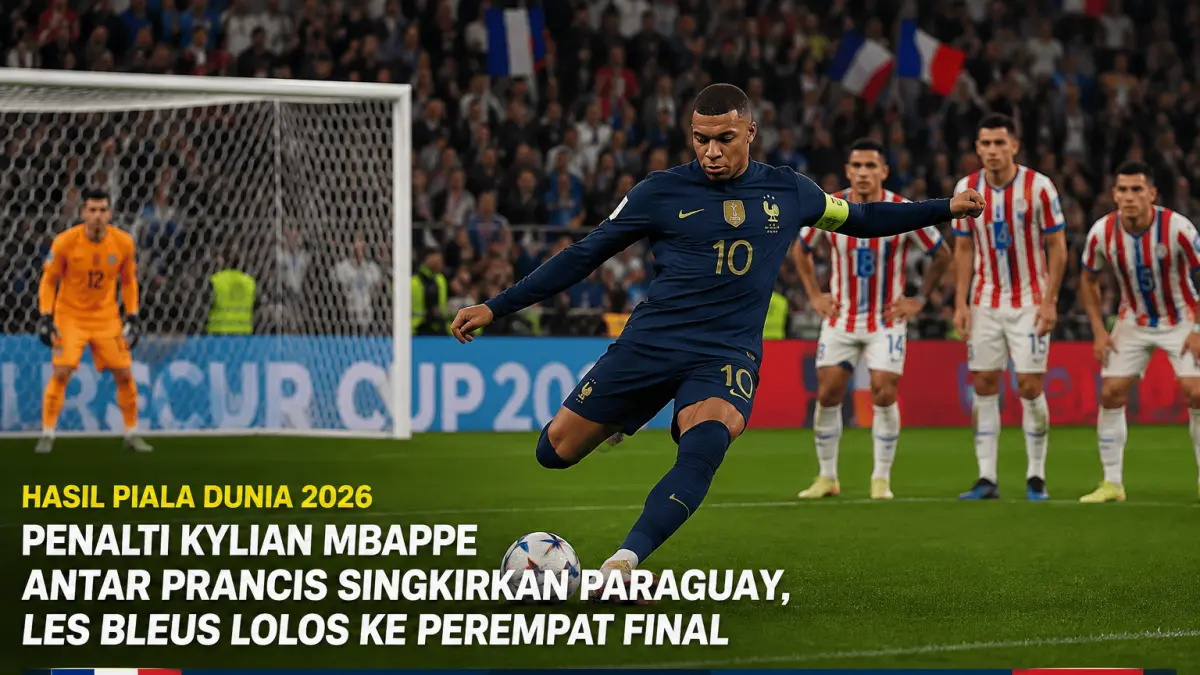 Eksekusi penalti: Kylian Mbappe sukses menuntaskan tugas sebagai algojo penalti dan membawa Prancis menyingkirkan Paraguay lewat adu penalti untuk memastikan langkah Les Bleus ke babak perempat final Piala Dunia 2026. Ilustrasi: AI