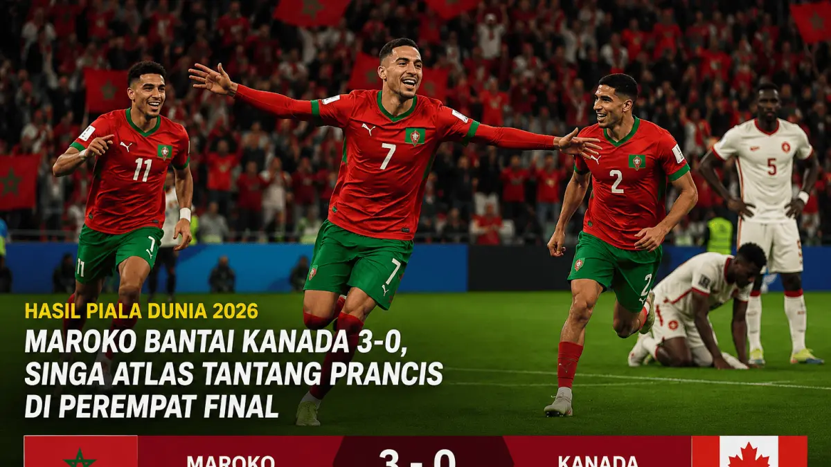 FOTO AI :  Pemain Maroko merayakan kemenangan 3-0 atas Kanada pada babak 16 besar Piala Dunia 2026. Hasil ini mengantar Singa Atlas melaju ke perempat final menghadapi Prancis.