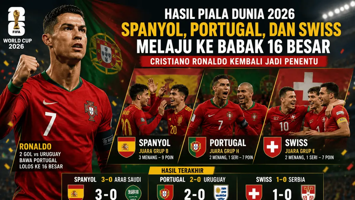 Lolos 16 Besar: Spanyol, Portugal, dan Swiss memastikan tiket ke babak 16 besar Piala Dunia 2026. Cristiano Ronaldo kembali tampil sebagai penentu kemenangan Portugal.
