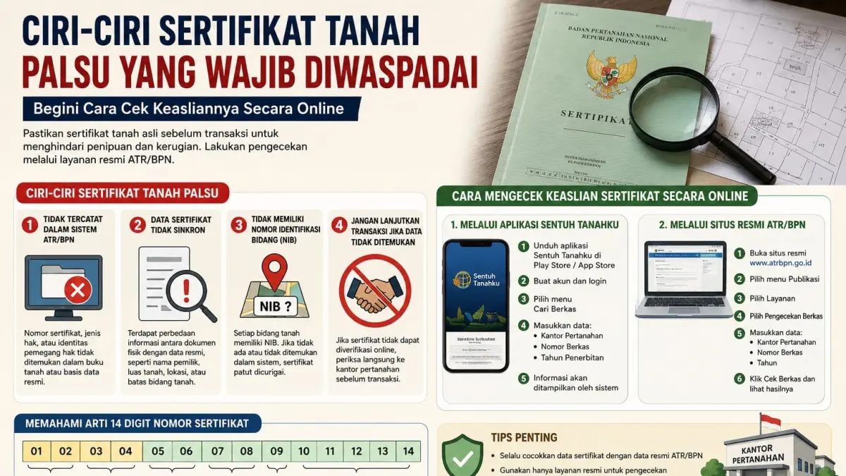 Waspada sertifikat tanah palsu! Kenali tanda-tandanya mulai dari data yang tidak sinkron hingga tidak terdaftar di sistem ATR/BPN. Manfaatkan layanan digital untuk mengecek keaslian sertifikat sebelum transaksi.
