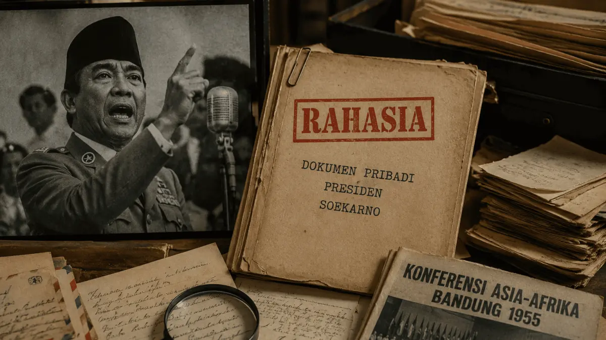 ILUSTRASI AI : Tumpukan dokumen dan arsip bersejarah yang menggambarkan misteri hilangnya sejumlah dokumen penting milik Presiden Soekarno pasca transisi menuju era Orde Baru.