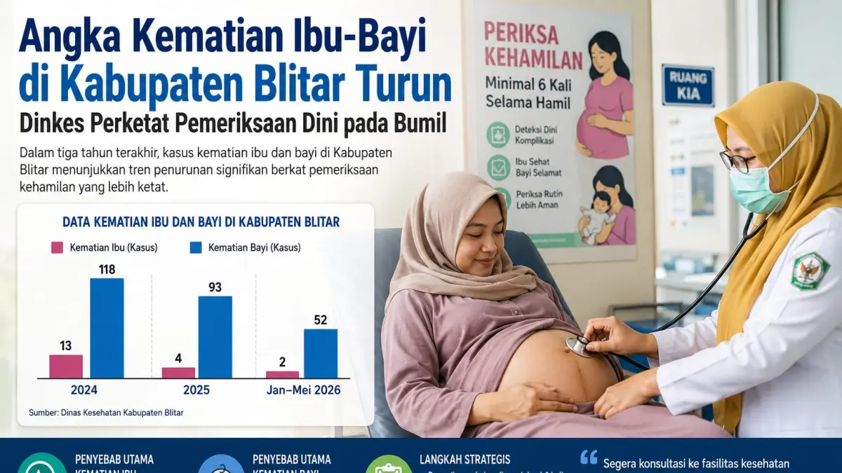 Pemeriksaan kehamilan: Tenaga kesehatan memeriksa kondisi ibu hamil di fasilitas kesehatan. Dinas Kesehatan Kabupaten Blitar memperketat pemeriksaan dini untuk mendeteksi risiko komplikasi sejak awal sebagai upaya menekan angka kematian ibu dan bayi.