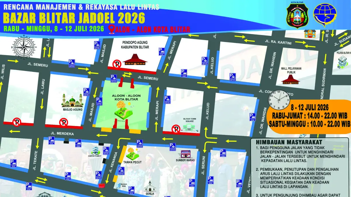 Petugas Dinas Perhubungan Kota Blitar menyiapkan 27 kantong parkir di sejumlah titik sekitar Alun-Alun untuk mendukung kelancaran lalu lintas selama pelaksanaan Blitar Djadoel 2026 pada 8–12 Juli.