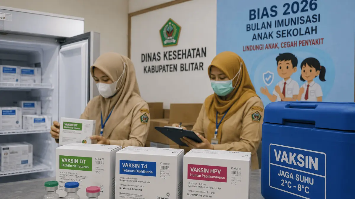 Stok vaksin BIAS 2026 dipastikan aman dan siap didistribusikan ke seluruh sekolah di Kabupaten Blitar.
