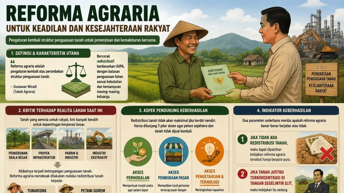 Ilustrasi reforma agraria yang menekankan pentingnya redistribusi tanah secara adil kepada masyarakat, disertai dukungan akses permodalan, pasar, serta teknologi pertanian untuk mewujudkan kesejahteraan petani dan mengurangi ketimpangan penguasaan lahan.
