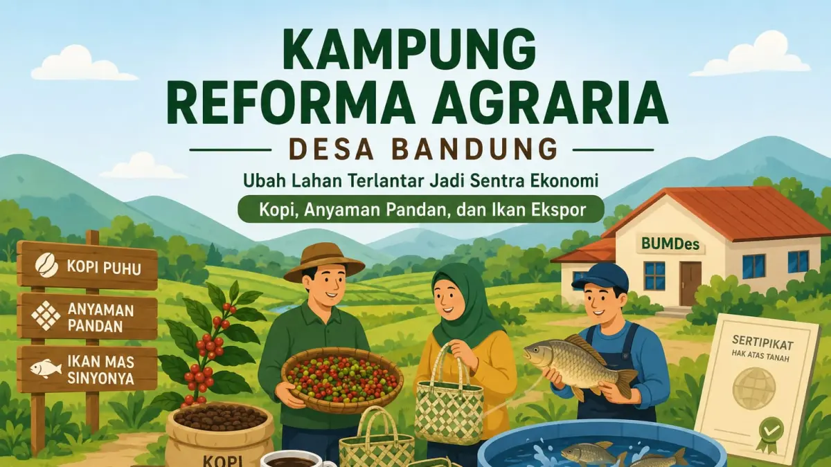 KAMPUNG REFORMA AGRARIA: Program Reforma Agraria di Desa Bandung, Kabupaten Pandeglang, berhasil mengubah lahan terlantar menjadi pusat ekonomi masyarakat melalui pengembangan Kopi Puhu, anyaman pandan, dan budidaya Ikan Mas Sinyonya yang didukung penataan aset serta penataan akses.