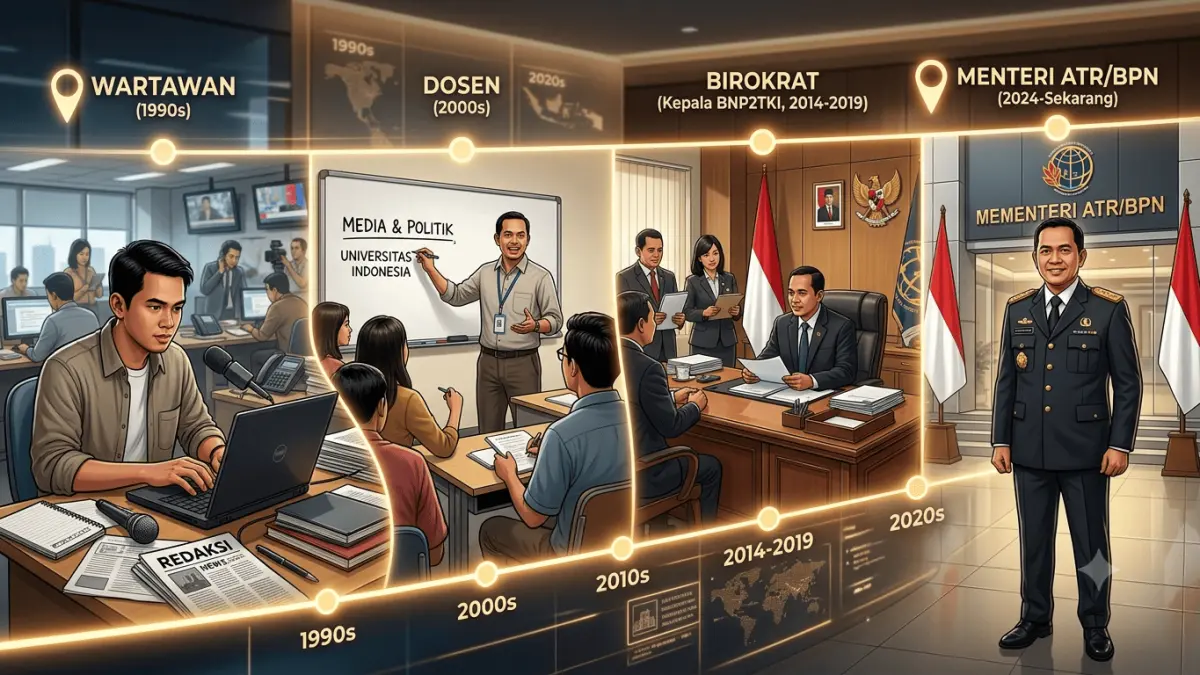 Foto Ilustrasi By Gemini AI :Perjalanan karier Nusron Wahid dimulai dari dunia jurnalistik, akademik, birokrasi hingga dipercaya menjadi Menteri ATR/BPN