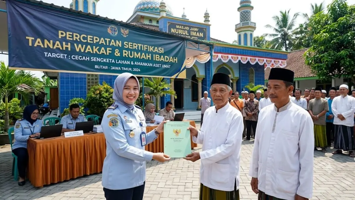 ILUSTRASI AI : Amankan Aset Umat! ATR/BPN terus genjot percepatan sertifikasi tanah wakaf dan rumah ibadah demi mencegah sengketa lahan di masa depan.