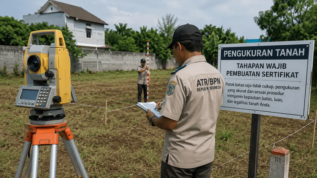ILUSTRASI AI : Petugas ATR/BPN melakukan pengukuran bidang tanah sebagai tahapan wajib sebelum penerbitan sertifikat guna memastikan batas dan luas lahan secara akurat. 