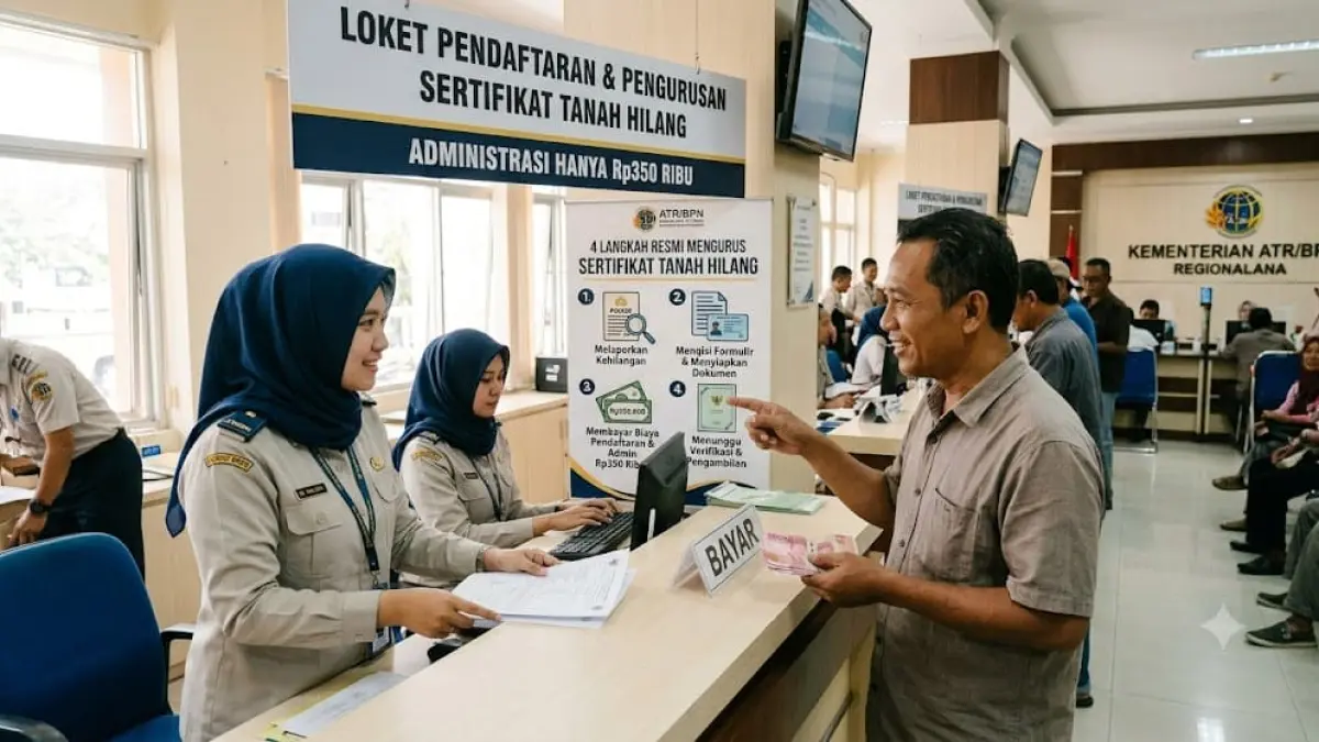ILUSTRASI AI : Sertifikat tanah hilang? Jangan panik! Urus resmi di kantor ATR/BPN dengan biaya administrasi hanya Rp 350 ribu. Pastikan kepemilikan aset Anda terlindungi.