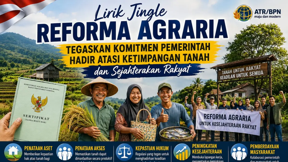 JINGLE REFORMA AGRARIA: Komitmen pemerintah menghadirkan keadilan agraria melalui penataan aset dan penataan akses untuk mengurangi ketimpangan tanah, meningkatkan kesejahteraan masyarakat, serta mewujudkan Indonesia yang lebih adil dan sejahtera.