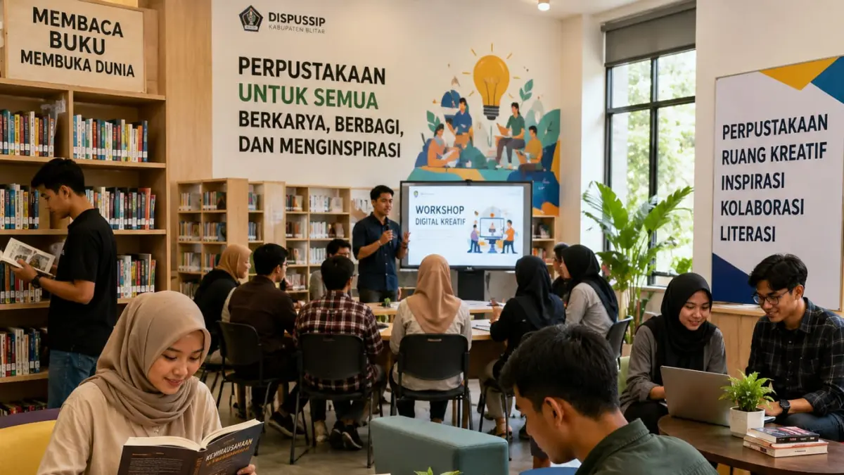 Pengunjung memanfaatkan ruang baca dan area kreatif di Perpustakaan Dinas Perpustakaan dan Kearsipan (Dispussip) Kabupaten Blitar. Transformasi layanan dilakukan dengan menghadirkan koleksi buku yang sesuai minat masyarakat serta ruang kolaborasi untuk meningkatkan budaya literasi dan kreativitas warga.