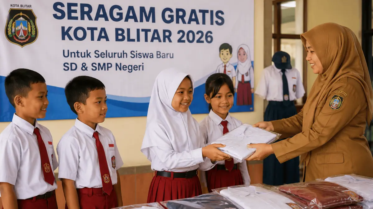 Pemkot Blitar memperluas program seragam gratis 2026. Seluruh siswa baru SD dan SMP negeri, termasuk dari luar daerah, kini berhak menerima bantuan.